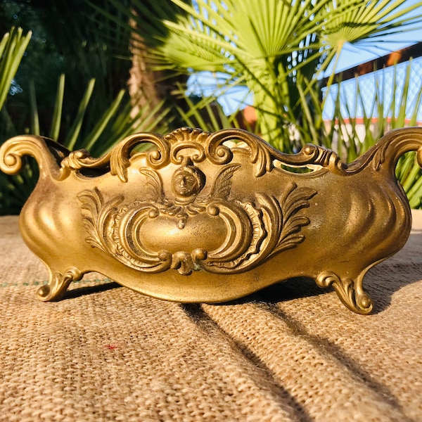 LINDA JARDINERA de BRONCE Art Nouveau con pátina dorada centro de mesa modernista ornamentado para plantas macetero antiguo jarron rocaille