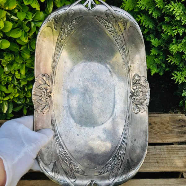 BANDEJA ART NOUVEAU Gallia de Cristofle cesto modernista plateado lindo cuenco con ornamentación floral fuente plato para fruta en relieve