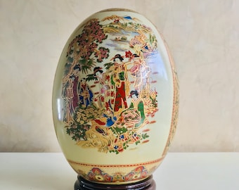 HUEVO DE CERAMICA Vintage Royal Satsuma pintado a mano con Geishas y árboles Cloisonné porcelana china de colección