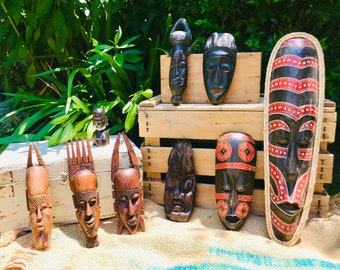 COLECCION DE MASCARA tribal Africana e Indonesia antigua talla de madera figura escultura vintage de rostro étnico arte primitivo