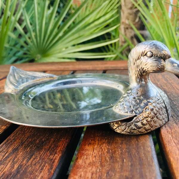 BANDEJA ANTIGUA con forma de PATO platillo plateado servicio de mesa fuente para servir de metal cuenco con baño de plata 1960s mid century