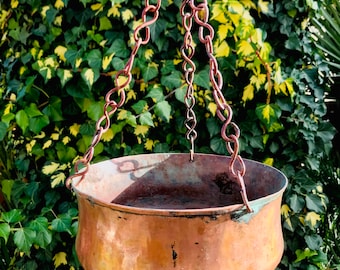 ANTIGUA JARDINERA de cobre con cadenas puchero colgante rústico para jardín macetero circular Siglo XIX tiesto rustico
