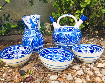 CERAMICA ESPAÑOLA de GRANADA botijo antiguo jarra de agua cuencos vintage Fajalauza fabricado a mano barro esmaltado