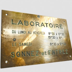 PLACA de BRONCE de laboratorio chapa para puerta con indicacion de horario placa vintage señal de pared letrero antiguo