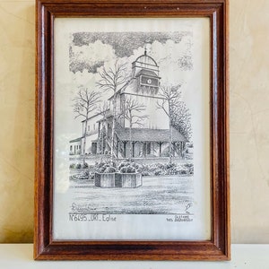 LAMINA ORIGINAL ENMARCADA grabado de boceto francés de Yves Ducourtioux impresión con marco de madera y cristal arte años 80 vintage