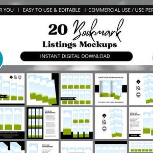 May include: 20 bookmark listings mockups for Etsy and Canva. The mockups feature a green and blue landscape design with a white background. The mockups are arranged in a grid pattern.