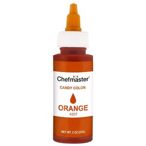 May include: A 2 ounce bottle of Chefmaster Candy Color in orange. The bottle has a white cap and a red label with the text "Chefmaster Candy Color Orange 4207".