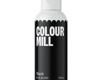 May include: A black plastic bottle with a white cap and label. The label says "COLOUR MILL" in white letters and "Black OIL BLEND 100mL" in smaller white letters.