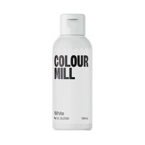 May include: White oil-based paint in a 100 ml bottle with a white cap. The bottle has a white label with black text that reads "COLOUR MILL" and "White OIL BLEND".