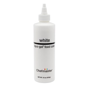 May include: A white plastic bottle of white liqua-gel food coloring by Chefmaster. The bottle is labeled "white liqua-gel food color" and "Chefmaster". The bottle has a net weight of 16 ounces (453g).