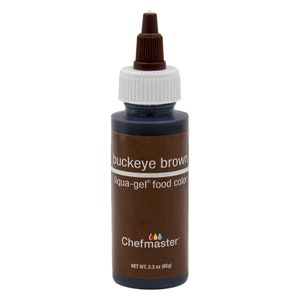 May include: A small bottle of buckeye brown liqua-gel food coloring by Chefmaster. The bottle is 2.3 ounces (65g).