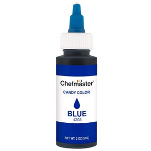 May include: A blue bottle of Chefmaster Candy Color Blue food coloring. The bottle is 2 ounces (57g).