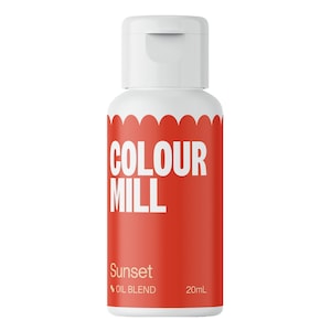 May include: A white and red bottle of Colour Mill Sunset oil blend. The bottle has a white cap and a red label with the words "COLOUR MILL" in large white letters. The label also says "Sunset" and "OIL BLEND" and indicates a 20ml volume.