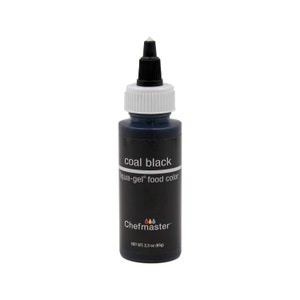 May include: A 2.3 ounce bottle of coal black liquid food coloring. The bottle is labeled "coal black" and "liqua-gel® food color". The brand name "Chefmaster" is printed on the bottle with a logo of four colored drops.