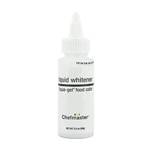 May include: A white plastic bottle of liquid whitener food coloring. The bottle is labeled "liquid whitener liqua-gel food color" and "Chefmaster". The bottle has a net weight of 3.5 ounces (99g).
