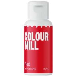 May include: A white and red bottle of Colour Mill Red oil blend food coloring. The bottle has a white cap and a red label with white text. The label indicates the bottle contains 20ml of product.
