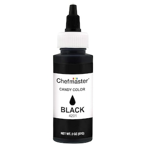 May include: A black bottle of Chefmaster Candy Color food coloring. The bottle has a black cap and a white label with the words "CANDY COLOR" and "BLACK" printed on it. The bottle contains 2 oz (57g) of black food coloring.
