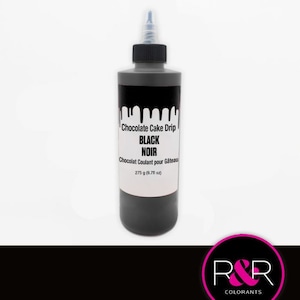 May include: A black bottle of chocolate cake drip with the text "Chocolate Cake Drip BLACK NOIR Chocolat Coulant pour Gâteau 275 g (9.71 oz)" on the label. The bottle is on a white background with a black and pink logo that says "R&R COLORANTS".