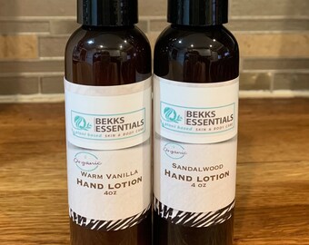 Travel Size Organic Hand Lotions in Warm Vanilla or Sandalwood. 4oz Organic.