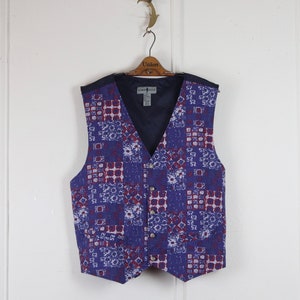 1990s indigo waistcoat Vest - Robert Stock, linen + cotton - Formalwear, dance party - purple, red, off white - vintage size extra large, xl