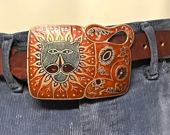 rugido, latón de la década de 1970 + hebilla de cinturón de esmalte - LEÓN, gato grande, gato salvaje - hecho en la India - regalo del día del padre / cumpleaños - unisex