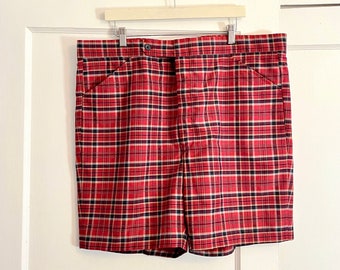 vintage 1980s Grandpa Shorts mit Karomuster - rot + marineblau + weiß + gelbes PLAID - Hubbard - size extra large, xl/xxl Taillenumfang 110 cm