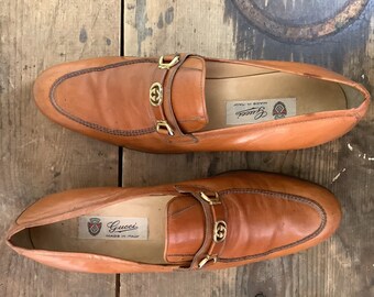 Size 45, 1970s Gucci Loafers - Vintage Designer, Caramel Brown Wingtip Shoes - Mens Leather Slip on Dress Shoe, Made in Italy, US Sz 11.5