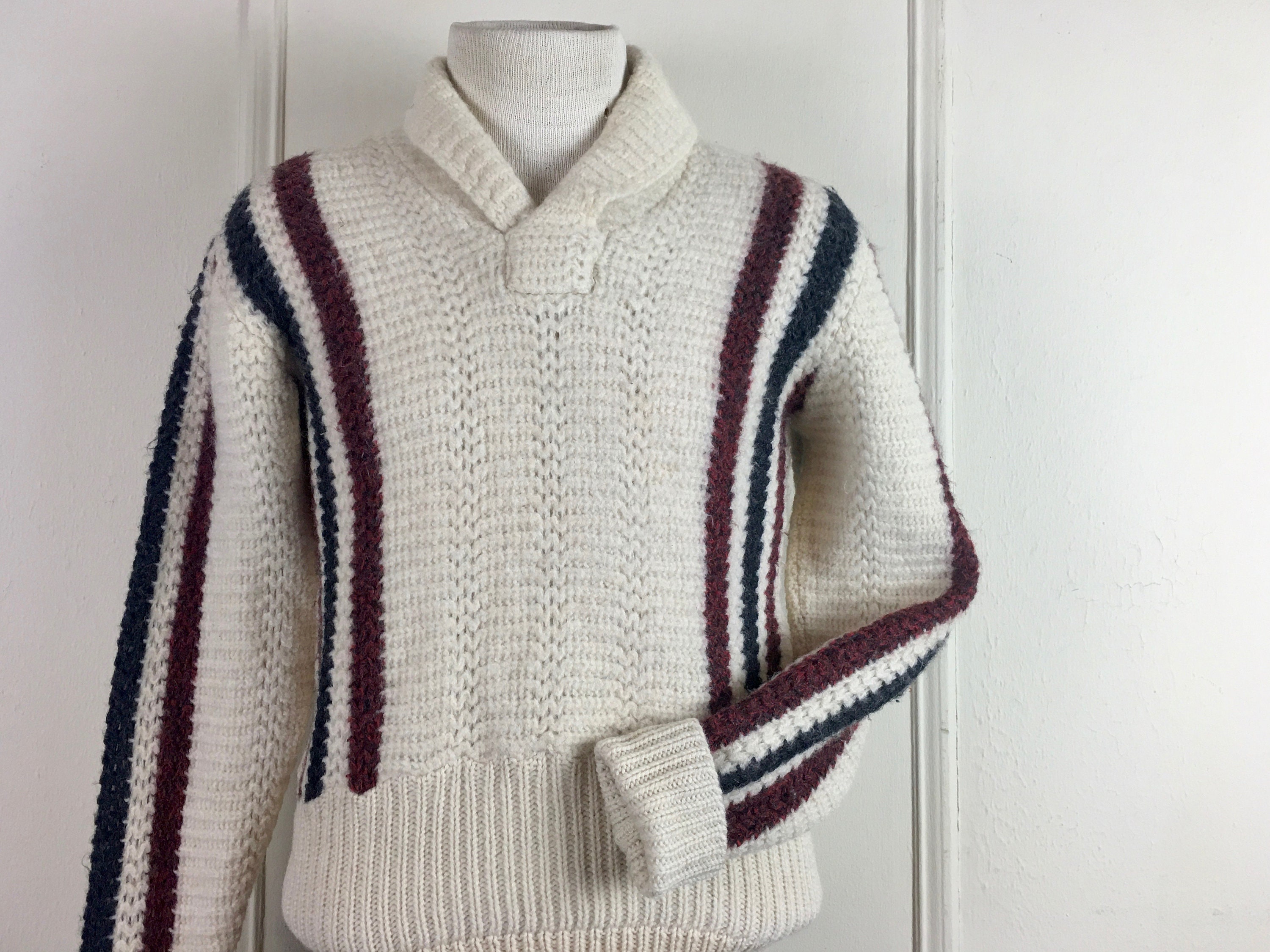 1950s JANTZEN 100% wool pullover sweater - vintage creamy white / ivory knit with deep red maroon + charcoal grey stripes - small, medium
