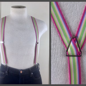 vintage 1970er Jahre Rosa + Grün + Blau + Gelb Gestreifte HOSENTRÄGER