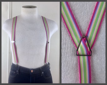 vintage 1970s rosa + verde + azul + rayas amarillas TIRANTES