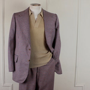 Meledandri, 1970s plaid suit from Bloomindale&#39;s Mens Store - navy + red + tan - MOD 70s Italian sports coat, jacket + pants - 42 R, 36 W
