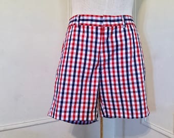 mens 1970s plaid shorts - red + white + blue - grandpa, 4th of July, nautical, preppy, country club chic - vintage size 38, large