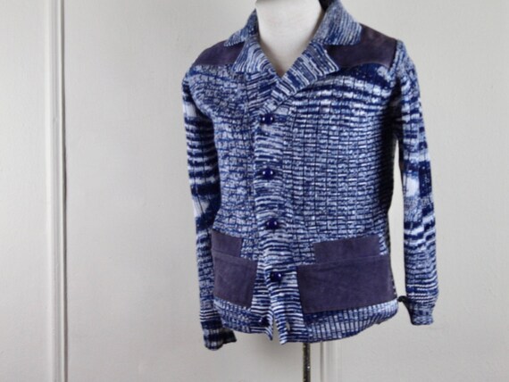 1970s blue knit + suede jacket - men's cardigan, c