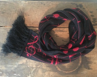 vintage 1980s Super Long Black & Red MUSICAL NOTES scarf - Musiclothes by Edgerton - musician, artist, Punk Rock, Classical, Jazz, ROCKER