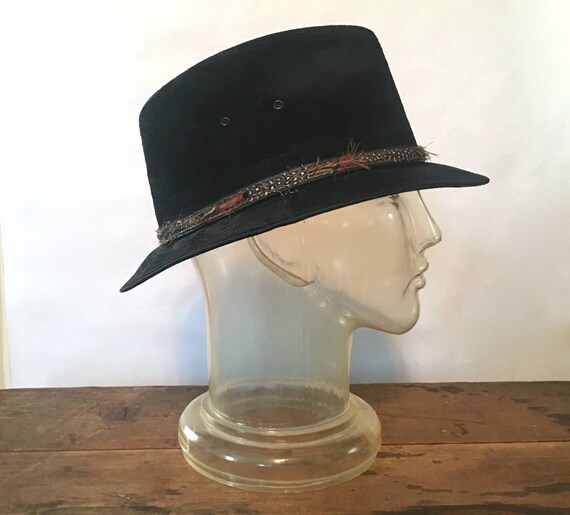 black suede western fedora with feathers band vinta… Gem