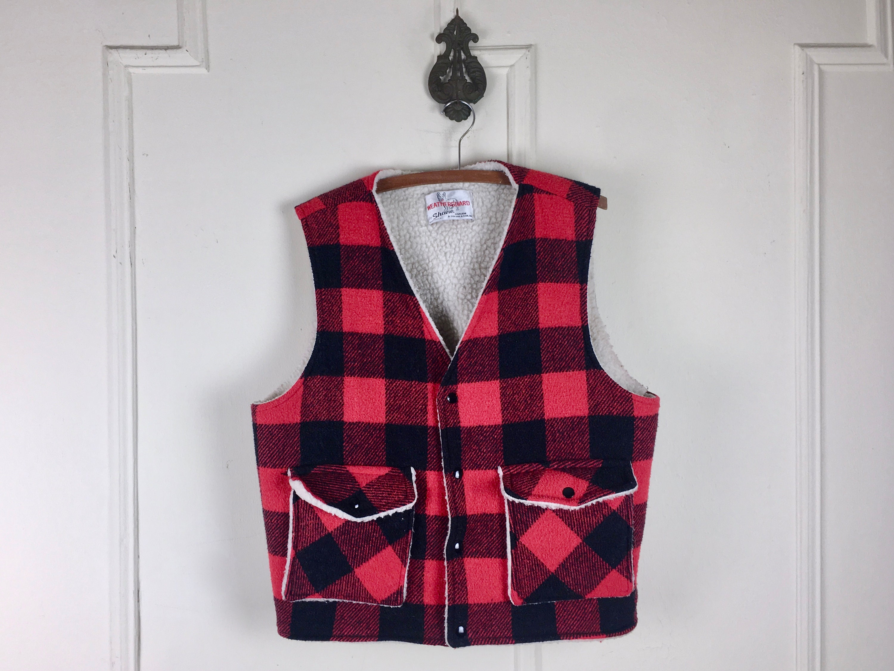 1970s Red + Black Buffalo Plaid Wool Vest With Faux Sherpa