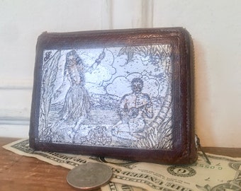 1930-40s HAWAIIAN leather bifold wallet with zippered edges - Hula Dancer, Ukulele musician, tropical palm trees - hand tooled, hand painted