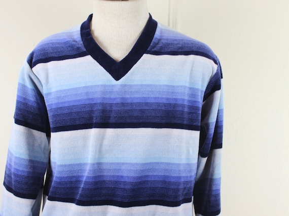 Blue Velour Shirt Striped Top Tie Waist 80s Long Sleeve Shirt Collared V Neck Retro Top 70s Freaks and Geeks 1980s Pullover Small Medium