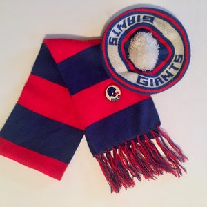 vintage NEW YORK Giants hat + scarf set - red, white + blue striped beret with oversized pompom & a long knit scarf with fringe - football