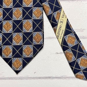Vintage Valentino Italienische Seidenkrawatte - schwarz + bronze + blauer Stempeldruck - 1980er Jahre Herren Krawatte, Krawatte