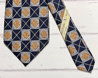Corbata de seda italiana vintage Valentino - negro + bronce + estampado de sello azul - Corbata de diseñador para hombre de los años 80, corbata