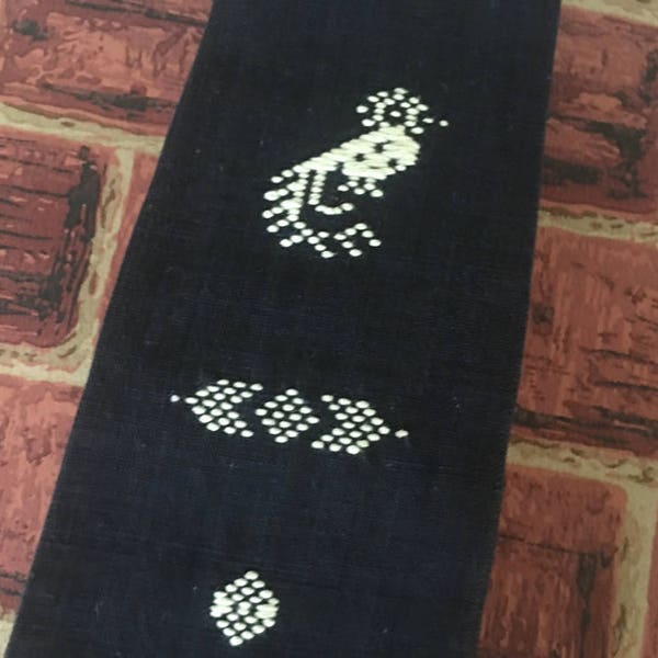 embroidered bird,  1980s dark indigo NECKTIE -  vintage neck tie, ascot, formal, cravat
