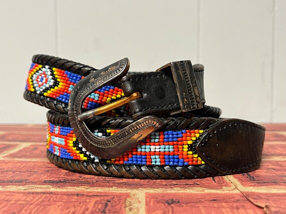 Vintage  ‘Antique’ Southwest Beaded Leather Belt Vintage Multi Color Southwest Beaded Inlay Natural Leather  main image 4