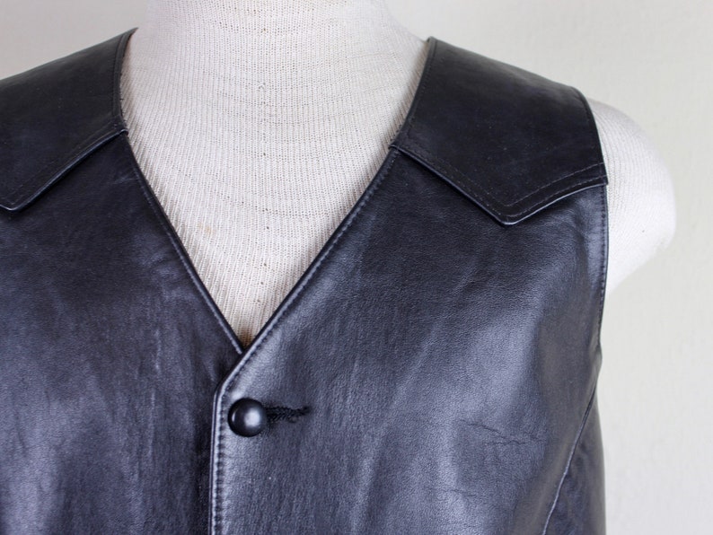 1980s Black Leather Biker Vest Pioneer Wear from Albuquerque, New Mexico burnout, rocker, motorcycle vintage size extra large, xl, xxl image 1