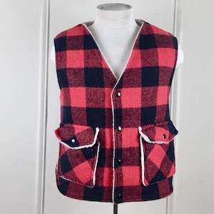 1970s red + black buffalo plaid Wool Vest with faux Sherpa Lining - vintage WEATHERGUARD by SHANE winter + fall lumberjack jacket - size XL