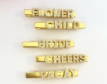 Rhinestone custom barrettes, Customized hair clips, Bachelorette party favors, Bride to be hair accessories, Bridesmaid gift, Name barrettes