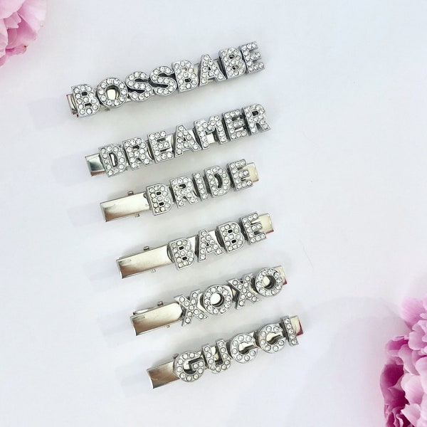 Rhinestone custom barrettes, Customized hair clips, Bachelorette party favors, Bride to be hair accessories, Bridesmaid gift, Name barrettes