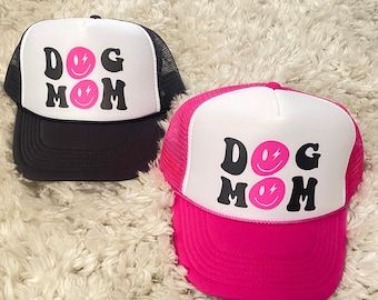 Preppy Dog mom happy face trucker hat / smile hat / dog mom preppy hat / Smile face hat / Preppy hat /happy face lighting bolt dog lover hat