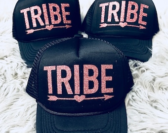Bachelorette Party TRIBE Hats, BRIDE TRIBE, Squad Trucker Hat Gold Pink Black Glitter / Bride Tribe Bachelorette Party
