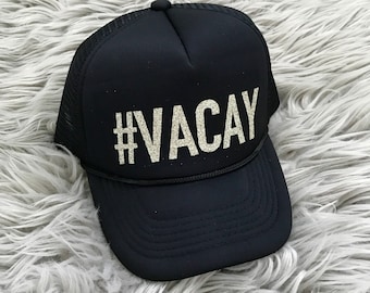 Hat #VACAY- Gold Glitter Trucker Hat  // Bachelorette Party, Bridal Shower, Bride to be, bride tribe, Pink glitter